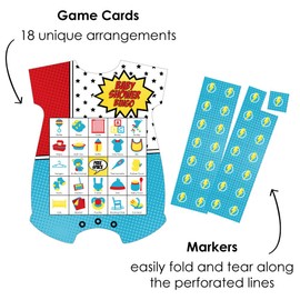 Big Dot of Happiness Bam Superhero - Picture Bingo Cards and Markers - Baby Shower Shaped Bingo Game - Set of 18