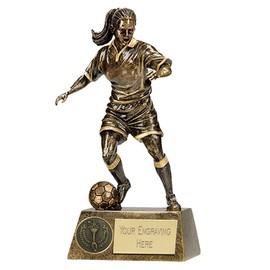 TROPHIESPLUSMEDALS 2D Gold Resin Female Football Player Trophy 18.5 cm / 7 1/4" | Free Engraving, Stylish Look | Ideal for Celebrating Sports Achievements
