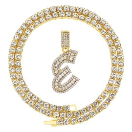 FW Jewelry Men Women Iced Out Hip Hop Silver Gold Bling Diamond Paved Initial Letter Pendant Tennis Chain Necklaces A to Z 20” (Gold, E)