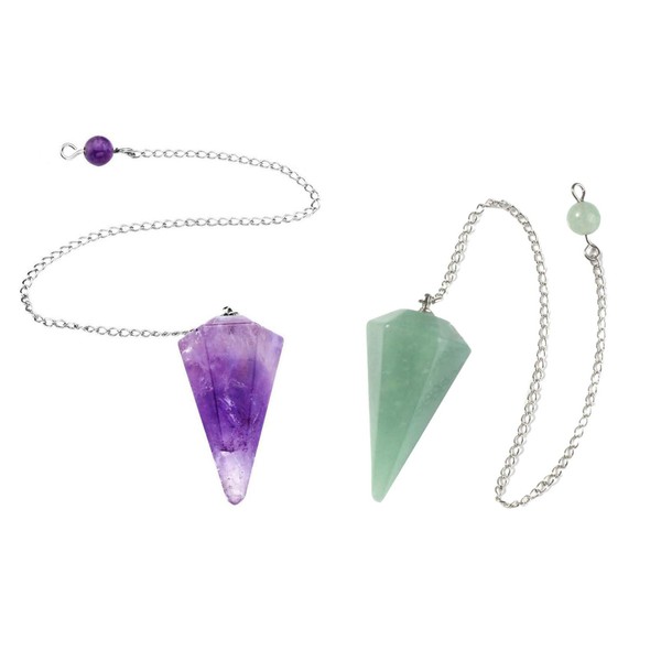 Holibanna Pack of 2 Quartz Gemstone Crystal Pendulum Gemstone Quartz Dots Pendant Necklace Pendulum Dowsing Rod Healing (Green + Purple), Bamboo, Abalone