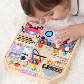 JAUNTY Kitchen Busy Board Toy for 3 4 5 Years Old, Wooden Sensory Toys Montessori 3-5 Toddler Girls Toy with Sound, Learning Kitchen Toys Great 1st First Birthday for Girls Boys