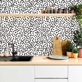 Jeweluck Peel and Stick Wallpaper Polka Dot Wallpaper Stick and Peel 17.7” x 118.1” Black Dot Contact Paper Decorative Black and White Wall Paper Removable Self Adhesive Vinyl Walls for Bathroom