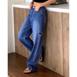 Necooer Women's Wide Leg Jeans High Waisted Distressed Boyfriend Jeans Trendy Mid-Rise Baggy Stretchy Pants Blue