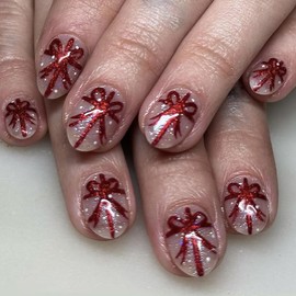 Christmas Press on Nails Short Almond Fake Nails with Red Gifts Design Glue on Nails Glitter Nude False Nails Stick on Nails Winter Xmas Acrylic Nails for Women Girls Holiday Manicure 24pcs