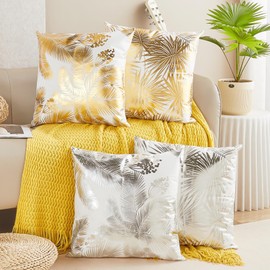 NeatBlanc Pack of 4 Gold Silver Stamping Leaves Decorative Square Throw Pillow Covers Set Fall Cushion Cases for Sofa Bedroom Couch 18 x 18 Inch Golden