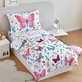 STYHO Butterfly Duvet Cover Set Single Girls Cartoon Coloful Flower Print Bedding Set for Kids Teen Soft Reversible White Pink Floral Duvet Set with Pillowcase(Butterfly, Single)