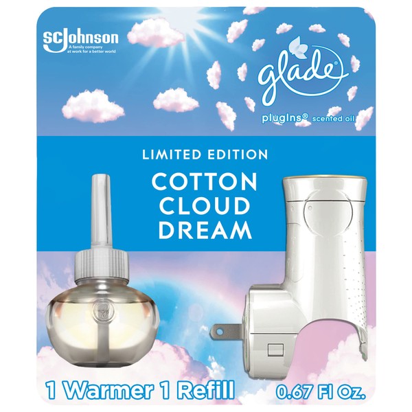 Glade PlugIns Refills Air Freshener Starter Kit, Scented and Essential Oils for Home and Bathroom, Cotton Cloud Dream, 0.67 Fl Oz, 1 Warmer + 1 Refill