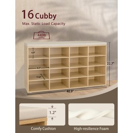 DINZI LVJ Shoe Storage Bench with Cushion, 16-Cubby Shoe Rack, Adjustable Shelves, 40.9" Long Shoe Organizer Bench for Entryway, Mudroom, Hallway, Garage, Natural and Cappuccino Beige