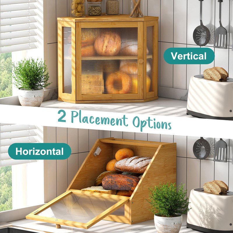 Vriccc Corner Bread Box, Bamboo Bread Box for Kitchen Countertop,