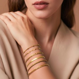 Gold Bracelet Set for Women, 18K Gold Plated Stainless Steel Stackable Non-Tarnish Bracelets, Layered Cuban, Rope, Figaro, Herringbone, Satellite, Paperclip Chains, Dainty Jewelry Gifts