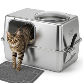 Large Enclosed Stainless Steel Cat Litter Box with Mat & Scoop, Leak-Proof