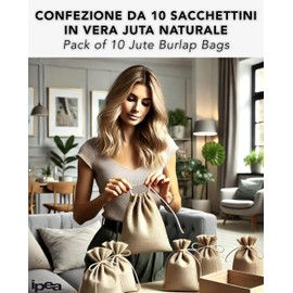 IPEA Small Natural Jute Bags with White Cord - Size 15 x 10 cm - Pack of 20 - Real Jute Bags for Wedding Favours Wedding Party Christening Event Gifts