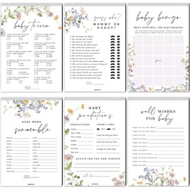Baby Shower Games Set for 25 Guests - 6 Fun Activities, 50 Double-Sided Cards (Floral)