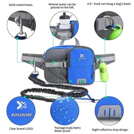 ROSSRORE Hands-Free Dog Walking Belt with Bungee Leash-Adjustable Breathable Padded Belt, Zinc Alloy D-Ring, Reflective Strip, & Poop Bag Dispenser Medium Large Dogs Gray and Blue