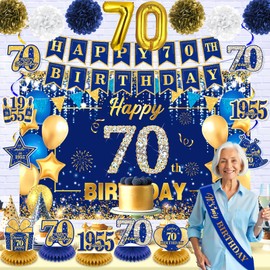 Navy Blue Gold 70th Birthday Decorations for Women Men Happy 70th Birthday Banner Vintage 1955 Honeycomb Centerpiece Hanging Swirls Sash Paper Pompoms Decor for 70 Years Old Anniversary Party Supplies