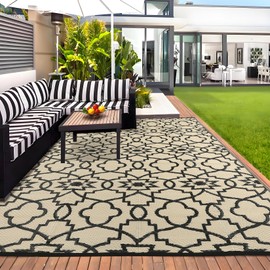 GAOMON Outdoor Rug Waterproof 8x10 Modern Camping Carpet for Patio, UV-Resistant Outdoor Plastic Straw Rug, Geometric Floral Reversible Floor Mats for Picnic, RV, Porch, Beach, Black/Coffee(Floral)