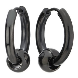 Stainless Steel Black Circle Beads Huggie Hinged Hoop Earrings for Men Women, 2pcs