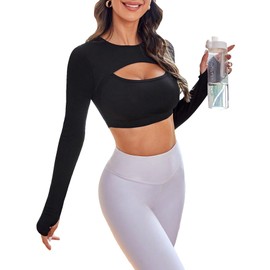 SHENHE Women's Cut Out Long Sleeve Athletic Compression Sports Workout Yoga Crop Top Black M