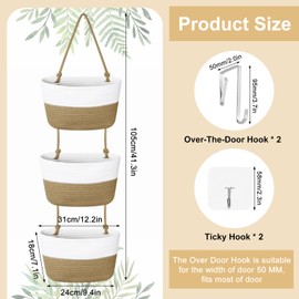WATUNID 3 Stufen Tür Hängeregal Korb, Wand montiert über der Tür Hängeorganizer mit 4 Haken, Gewebtes Baumwollseil Türregal Zum Einhängen für Schlafzimmer, Bad, Kinderzimme, Wohnbereich(Braun & Weiß)