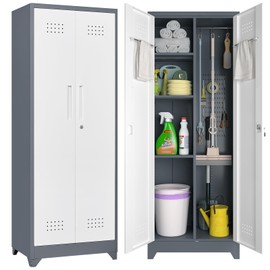 IRONFFICE Storage Cabinet,Utility Closet with Hanging Rod,Brooms and Mop Storage Cabinets,Broom Closet Cabinets for Home Office,Garage,Gyms,Grey-White