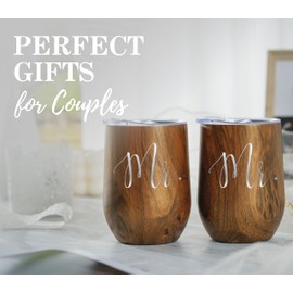 Onebttl Wedding Gifts for Gay Couples, Mr and Mr Gifts Tumbler Set, Gifts for Engagement, Valentine's Day, Newlywed, Anniversary, Stainless Steel Tumbler with Lid 12oz/350ml - Wood
