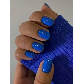 Square Press on Nails Short Blue Solid Color False Nails with Press ons Designs Glossy Acrylic Stick on Nail Full Cover Artificial Nail Fake Nails for Women DIY Manicuare Decor 24 Pcs