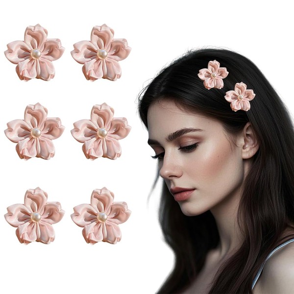 6pcs Pearl Flower Hair Clips Fabric Ribbon Floral Hairpins Pink