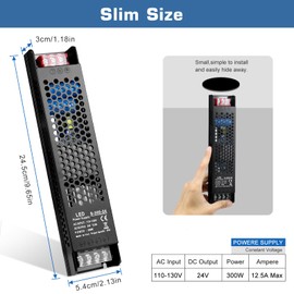 PZETCEIR LED Driver 24V 300W 12.5A Slim LED Power Supply, AC 110V to 24V DC Adapter, Constant Voltage LED Transformer for LED Strip Lights, LED Bulbs, Garden Light, LED Cabinet Lights