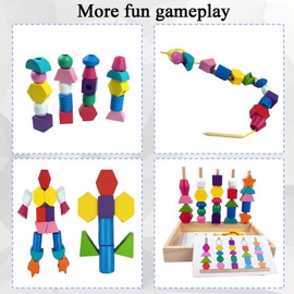 Montessori Wooden Beads Sequencing Toy Set，Wooden Stacking Blocks & Lacing Beads & Matching Shapes Stacker Toy，Montessori Toys for Toddlers 2 3 4 5 Year Old