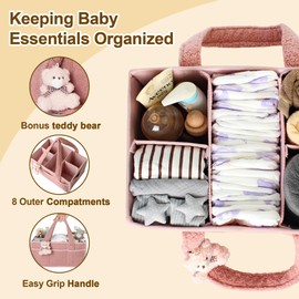 HONCESTA Baby Diaper Caddy Organizer, Baby Basket for Diaper Wipe, Nursery Storage Bin for Changing Table, Car Diaper Caddy Organizer with Handle, Diaper Bag Organizer, Pink