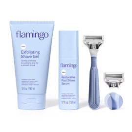 Flamingo Pubic Hair Razor for Women, Shaving Kit, 1 Razor, Exfoliating Shaving Gel 5 fl oz - Restorative Post Shave Serum 1.7 fl oz, Starter Set, Full Kit
