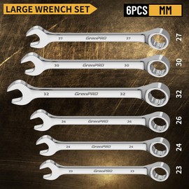 GRENPRO Metric Wrench Set, Large Wrench Set Metric and Standard, 7PC 23mm, 24mm, 26mm, 27mm, 30mm, 32mm Long Big Open End Wrench Tool Set Roll Up Pouch Organizer with Gauge, Combination Wrenches Sets