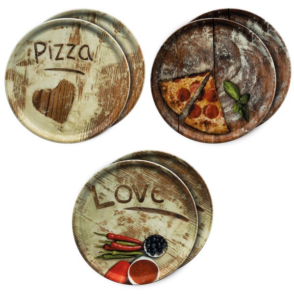 MamboCat Set of 6 Pizza Plates Diameter 33.3 cm Full Decor Motifs Favourite, Olive and Salami Pizza I Large Plates Made of Porcelain for Serving Pizza etc. or for Serving as Sausage and Cheese Plates