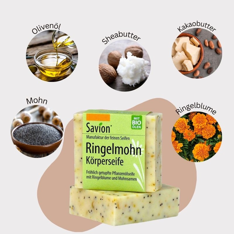 Savion Calendula Poppy Body Soap with Vegetable Oil, Vegan, Palm