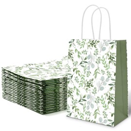 JarThenaAMCS 24Pcs Greenery Paper Bags Watercolor Green Eucalyptus Leaves Gift Bag with Handle Candy Goodie Treat Bags for Spring Wedding Baby Shower Party Favor Supplies