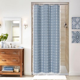 MitoVilla Boho Small Stall Shower Curtain 36 x 72, Blue Narrow Polyester Linen Fabric Shower Curtains for Farmhouse Bathroom Decor, Half Size Cloth Shower Curtain Set with Hooks