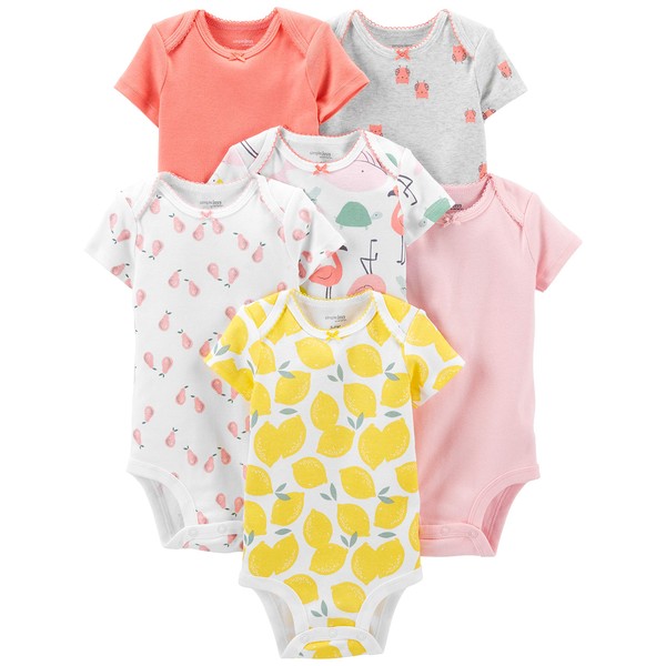 Simple Joys by Carter's Girls' 6-Pack Short-Sleeve Bodysuit, Pink, Flamingo/Lemon