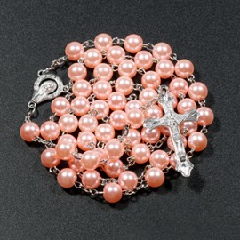 Kuesn 8mm Pearl Rosary Beads Catholic Necklace Glass Beads Necklace with Crucifix Charms Long Rosary Beads Necklace Prayer Beads Catholic Rosary Necklace for Women Gifts (Pink)