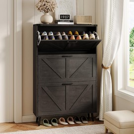 Halitaa Shoe Cabinet with 3 Flip Drawers,Farmhouse Shoe Organizer Cabinet with Legs for Entryway,Narrow Slim Freestanding Rack Cabinet for Foyer,Hallway,Black