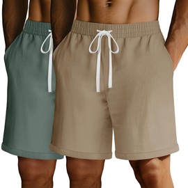 Ficerd 2 Pack Men's Big and Tall Linen Shorts Cotton Casual Elastic Waist Drawstring Summer Beach Shorts with Pockets(Khaki, Army Green,3X-Large)