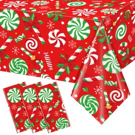3 Pcs Christmas Candy Cane Plastic Tablecloths,Disposable Xmas Peppermint Swirl Red Green White Table Cloth Rectangle Kitchen Dinner Table Cover for Christmas Holiday Party Decorations,54x108 Inch
