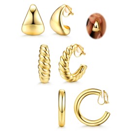 FIOROYAL 3 Pairs Gold Clip on Earrings for Women Hypoallergenic - 14K Gold Plated Chunky Tube Croissant Waterdrop Clip-on Hoop Earings Set Fake Non Pierced Ears Jewelry Trendy Gold/Silver GC