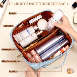 TEUEN Large Capacity Travel Cosmetic Bag, Lay Flat Makeup Bag, PU Leather Lining Waterproof Portable Cosmetic Travel Bags for Women with Handle and Divider