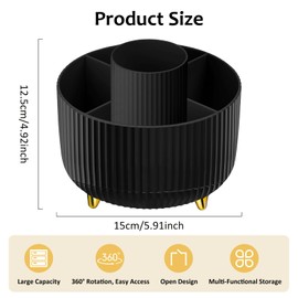 Desk Organiser, 360°Rotating Pen Holder Pen Pot, Makeup Brush Holder with 5 Compartments, Desktop Storage Stationery Supplies Organizer, Pencil Holders for Desk Tidy Home, School, Office (Black)