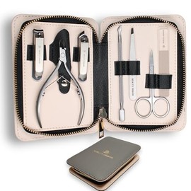 Beauty Power Manicure Pedicure Set 7-in-1 Stainless Steel Set with Leather Case, Ultra Sharp, Toenail Clipper, Fingernail Clipper, Cuticle Nipper, Glass Nail File, Eyebrow Tweezers (Matte Grey)