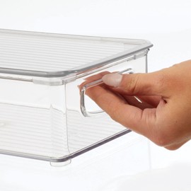 mDesign Plastic Storage Bin Box Container with Lid and Built-in Handles - Organization for Pens, Pencils, or Work Supplies in Home Office, Cabinet, or Desk Top, Ligne Collection - 4 Pack - Clear
