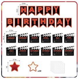 JarThenaAMCS 85Pcs Happy Birthday Bulletin Board Set Movie Night Calendar Poster Movie Stars Classroom Birthday Chart for Back to School Decorations