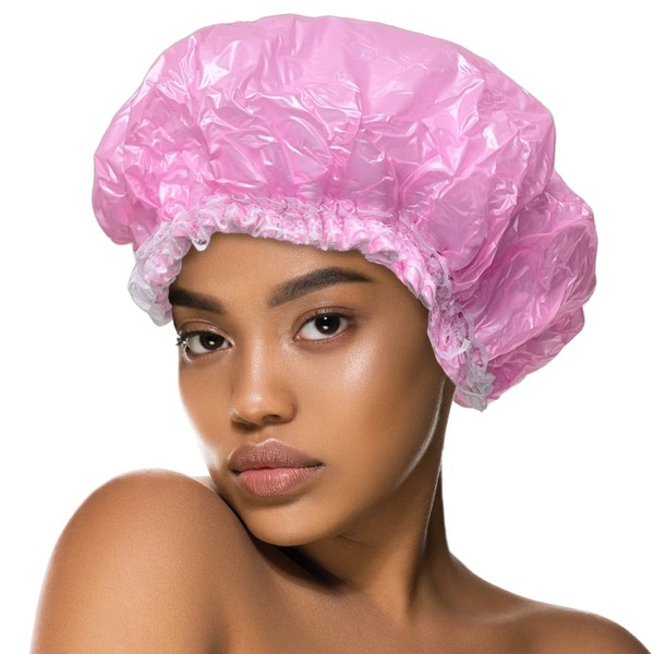 Donna Double Sided Shower Cap, 1PC Waterproof, Double Layered Protection, Elastic Band & Reusable for Showering or Bathing Cap All Hair Textures PINK