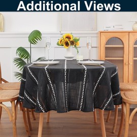 Gernaice Boho Striped Oval Tablecloth, Linen Fabric Cut-Out Embroidery Style Table Cover Dust-Proof Decoration for Dining Kitchen Home Party Oval Table, Black 53”x70
