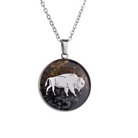 Lauren-Spencer Gemstone Animal Necklace for Women Turquoise Tumbled Chips Pendant Necklace Dainty Circle Moose Elk Bear Necklace for Women Wildlife Animal Jewelry Gift (Bison-Tiger's Eye+Snowflake Obsidian)